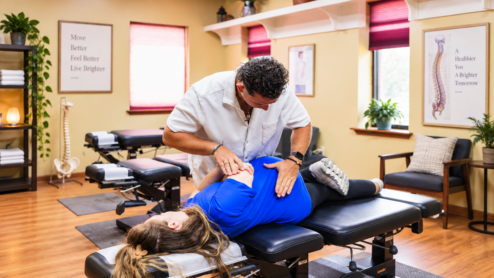 Chiropractor treating a patient in a softly lit exam room