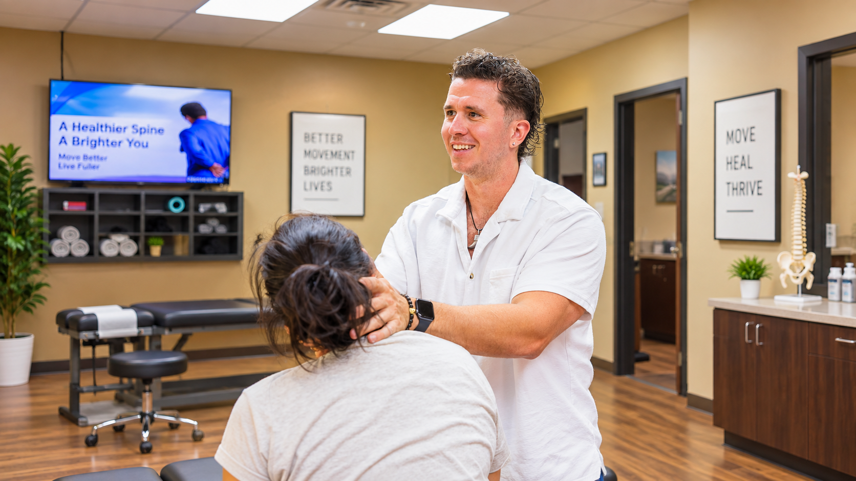 Dr. Hansen performing a neck adjustment on a patient at river of life